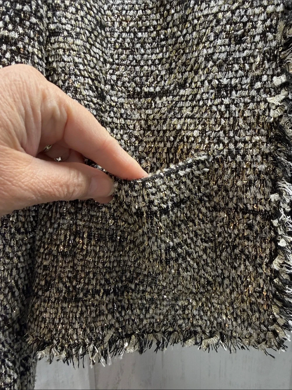 Kate Spade New York Metallic Sparkle Party Tweed Fringe Trim Open Front Jacket